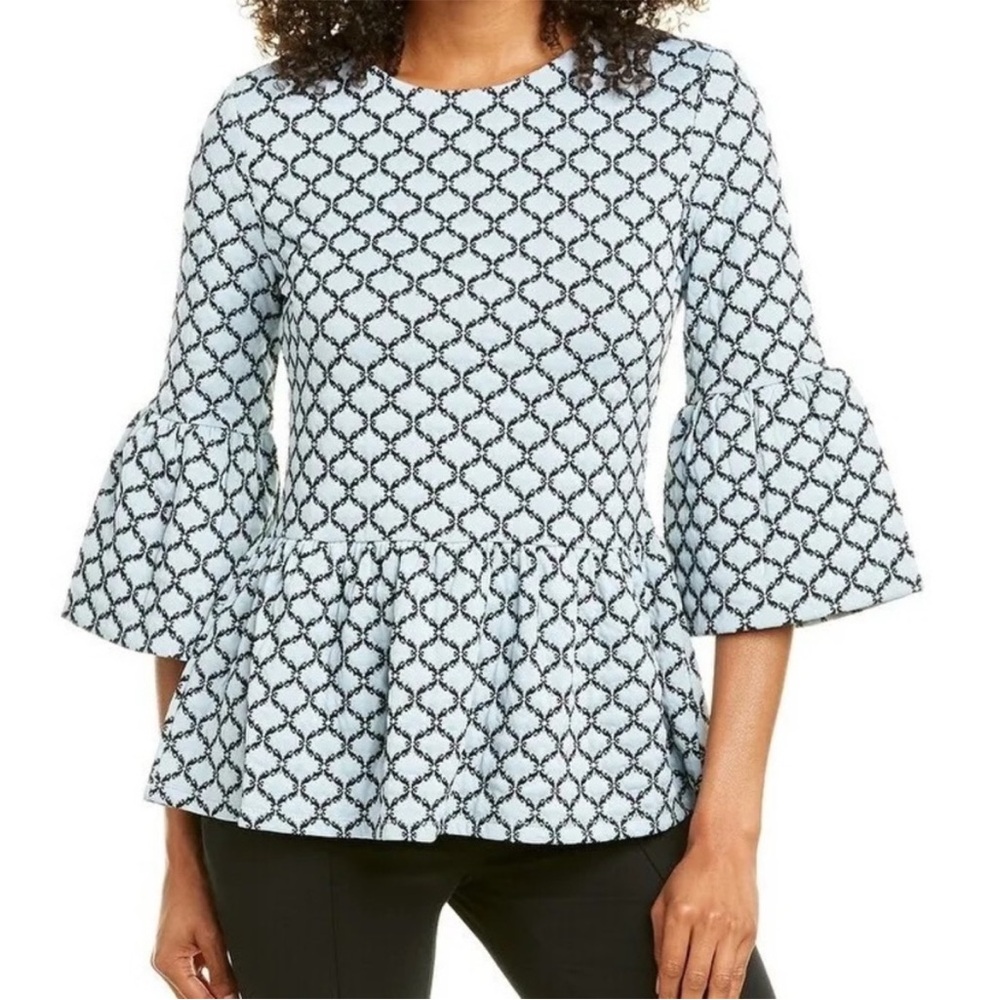 Tyler Boe Crosby‎ Peplum Blouse Damask Pale Blue Black Ruffle Bell Sleeve Zip M